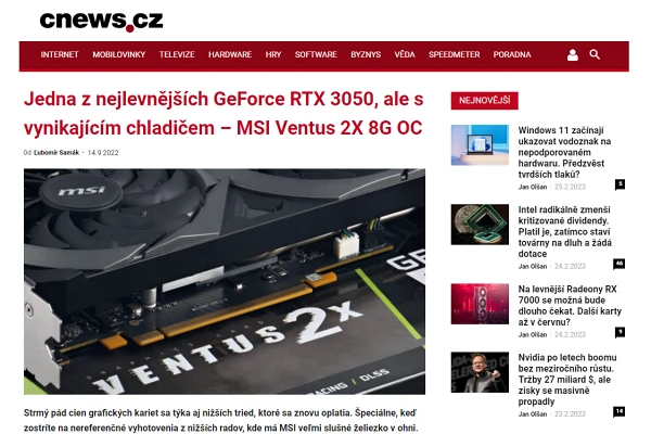 Recenze grafick karta MSI GeForce RTX 3050 Ventus 2X 8G OC (2022)