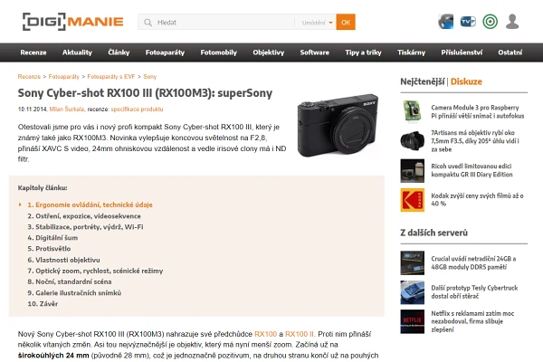 Recenze kompaktní fotoaparát Sony CyberShot RX100 III (2014)