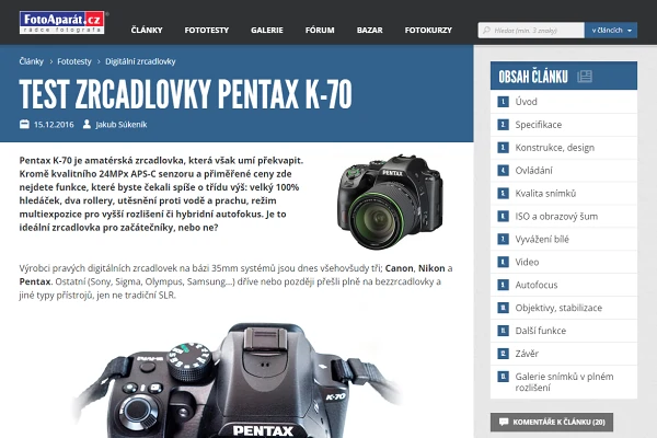Recenze digitální zrcadlovka Pentax K-70
