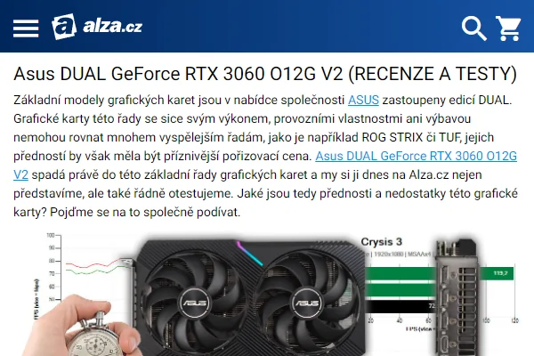 Recenze grafická karta Asus DUAL GeForce RTX 3060 (2022)