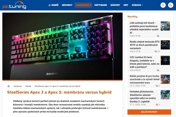 Recenze potaov klvesnice SteelSeries Apex 5 (2020)