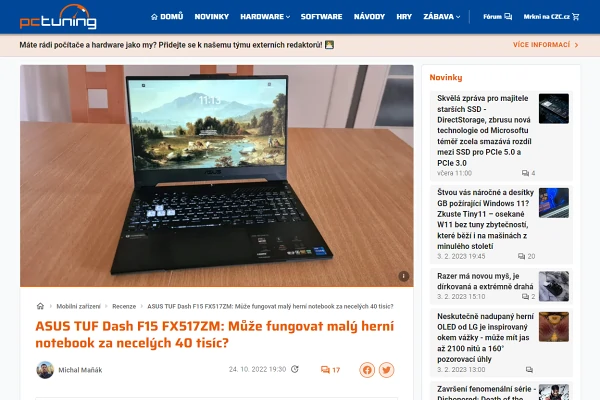 Recenze notebook Asus TUF Dash F15 (2022)