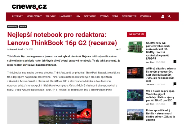 Recenze pracovní notebook Lenovo ThinkBook 16p G2 (2022)