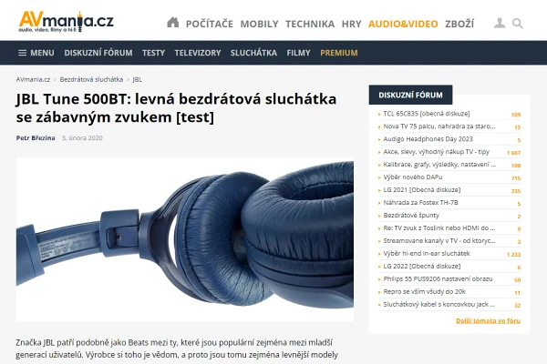 Recenze bezdrátová sluchátka přes hlavu JBL Tune 500BT (2020)