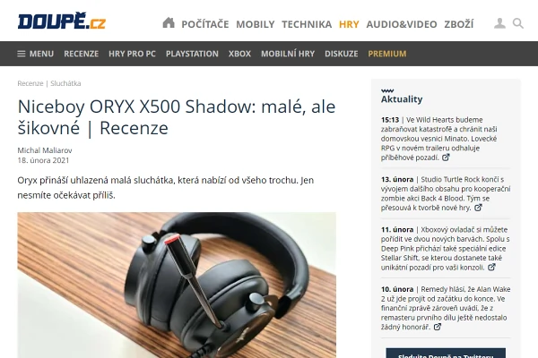 Recenze hern sluchtka Niceboy ORYX X500 Shadow (2021)